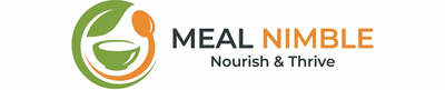 The Meal Nimble logo, which consists of an icon of a green bowl and an orange spoon accompanied by the slogan “Nourish & Thrive.”