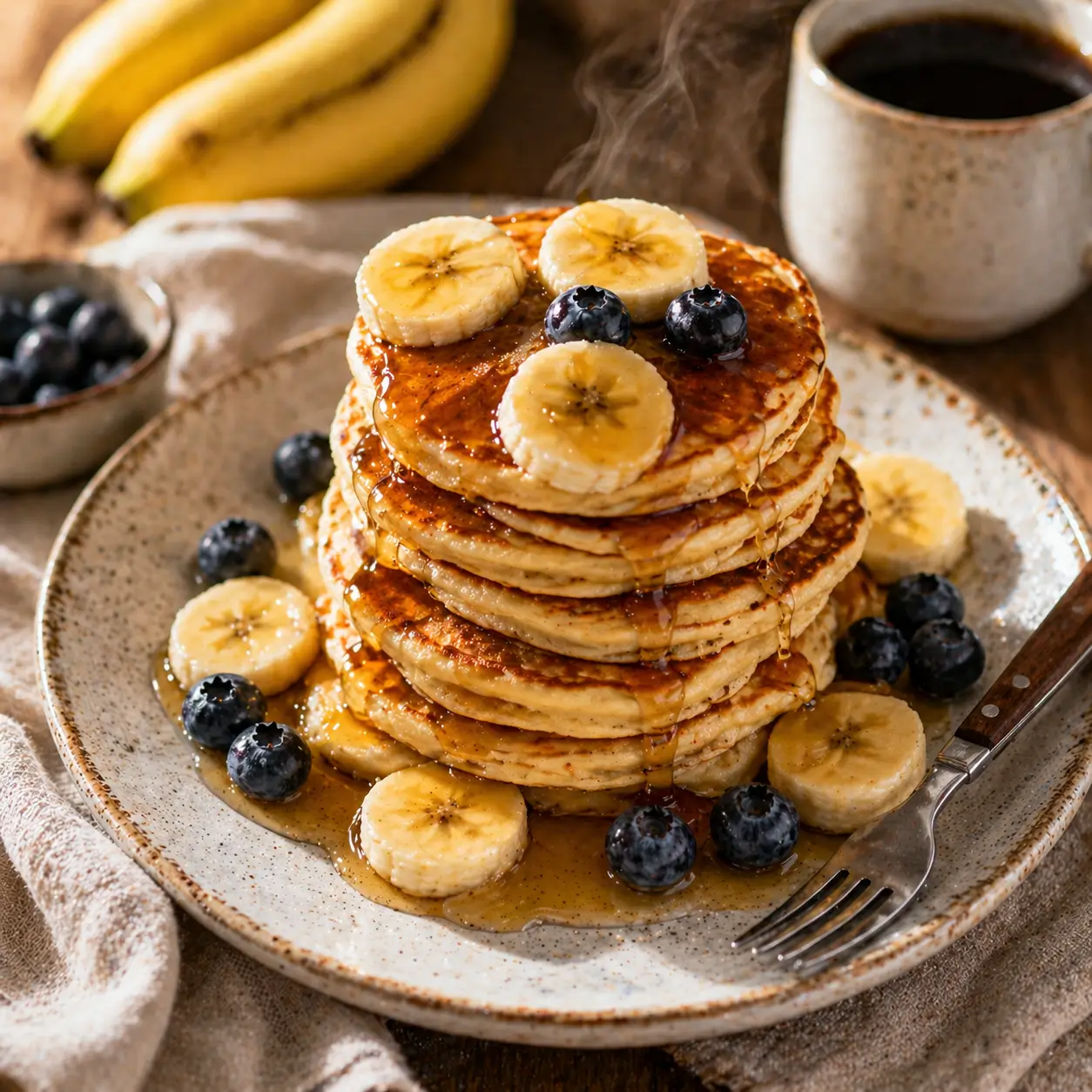 Fluffy mini banana pancakes stacked on a white plate with maple syrup, banana slices, and blueberries for an easy breakfast recipe