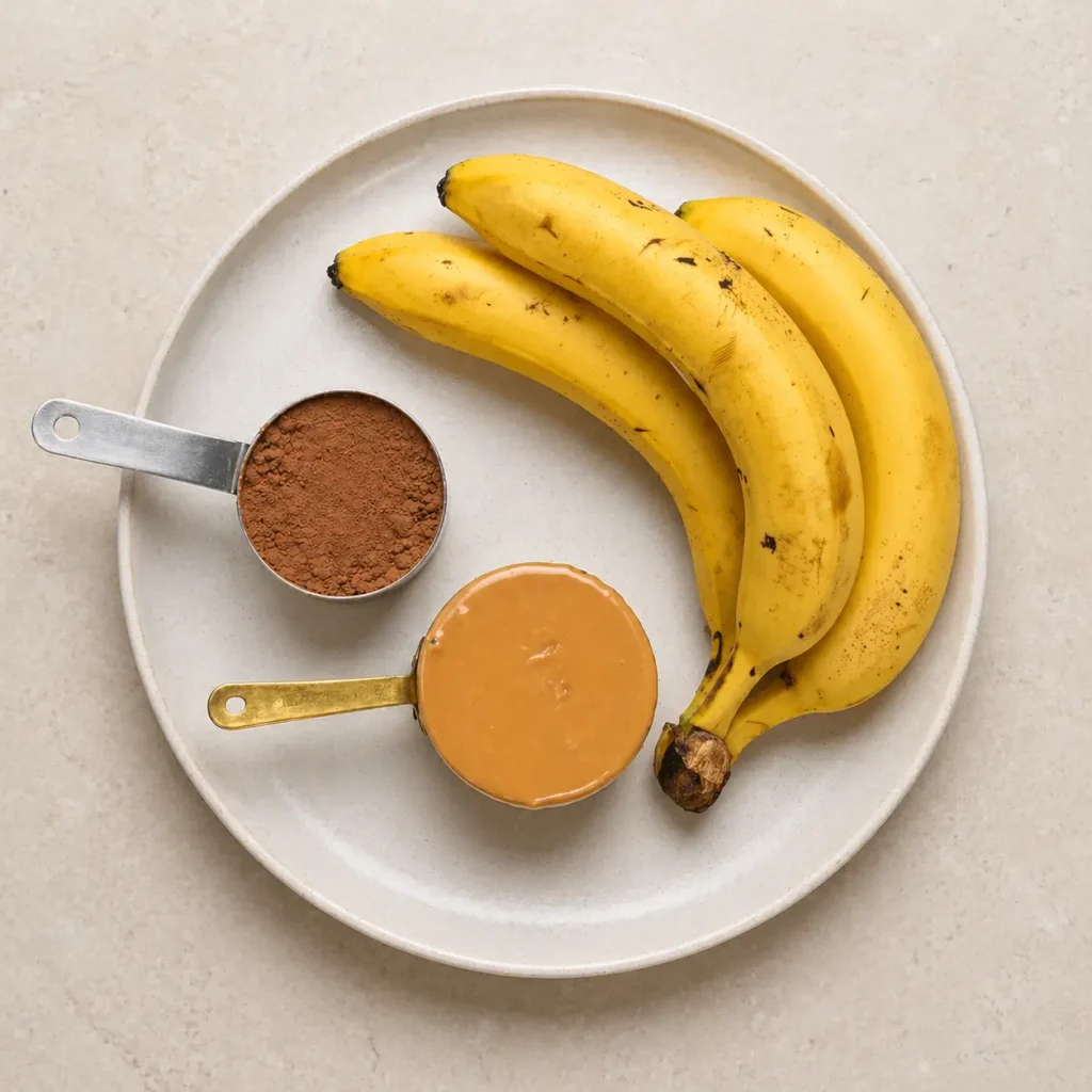Bananas, cocoa powder, and peanut butter arranged on a ceramic plate over a beige background for healthy no-bake dessert ingredients.