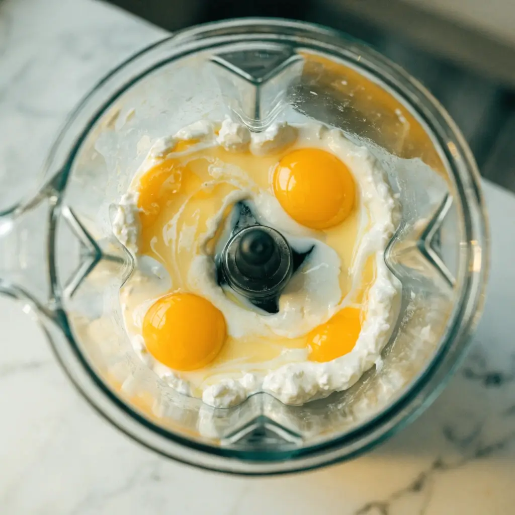 Eggs and creamy batter ingredients inside a blender jar, ready to be mixed into a smooth homemade recipe base.