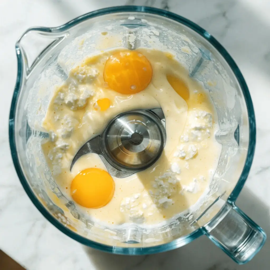 Eggs, flour, milk, and batter ingredients added to a food processor bowl before blending for a smooth homemade mixture.