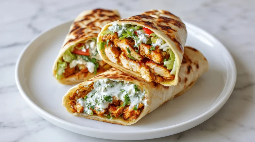 Grilled chicken wraps with crispy flatbread, fresh lettuce, tomatoes, avocado, feta cheese, and creamy herb sauce served on a white plate.