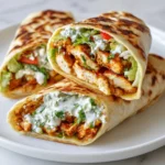Grilled chicken wraps with crispy flatbread, fresh lettuce, tomatoes, avocado, feta cheese, and creamy herb sauce served on a white plate.