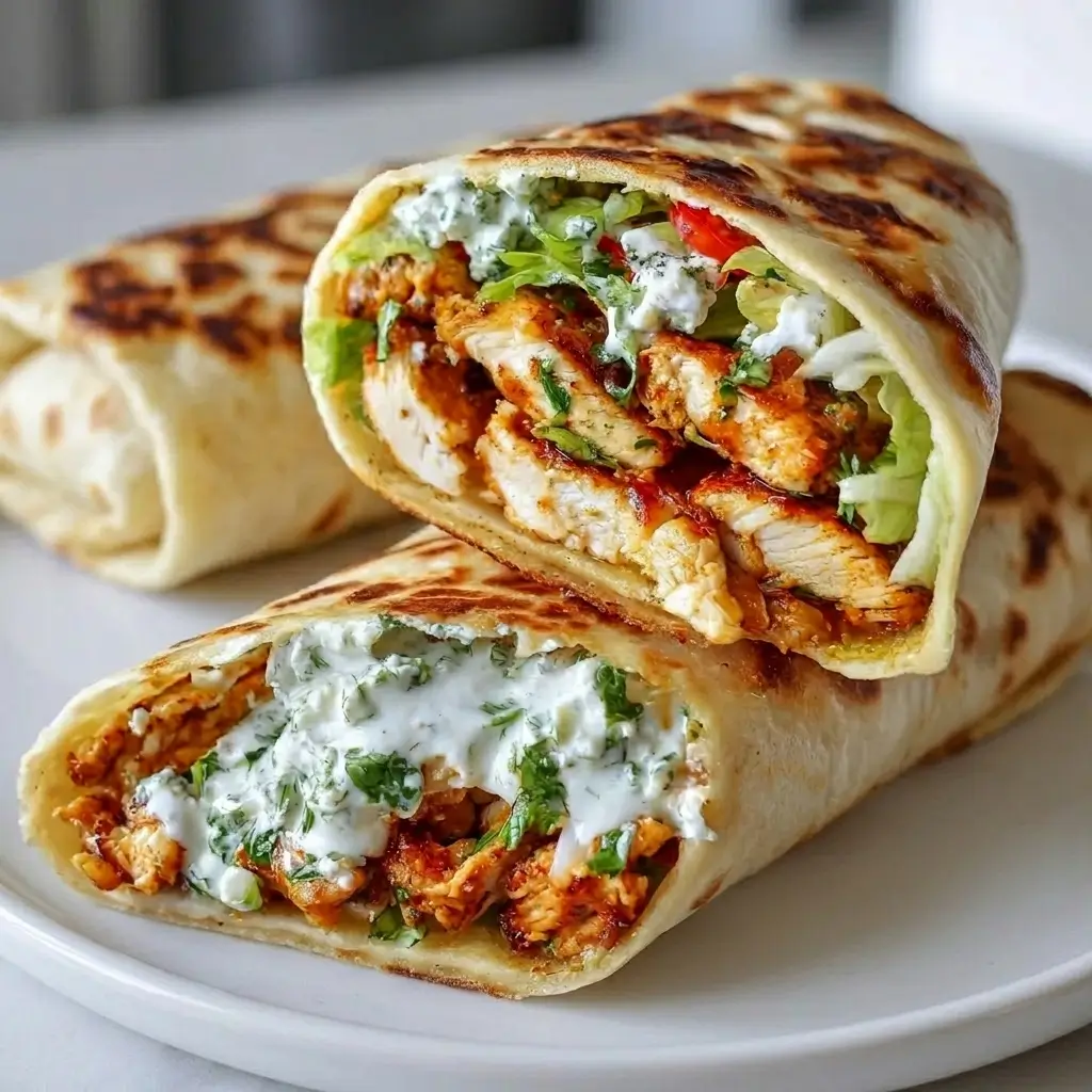 Crispy grilled chicken wraps sliced open and filled with juicy chicken, fresh vegetables, and creamy herb sauce on a white plate.