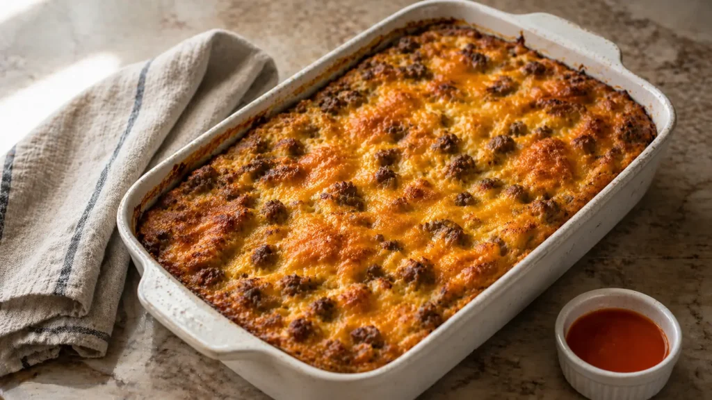 Crack breakfast casserole in white ceramic baking dish with melted cheddar cheese, sausage crumCrack breakfast casserole in white ceramic baking dish with melted cheddar cheese, sausage crumbles, and crispy hash browns on marble surfaceowns on marble surface