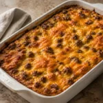 Crack breakfast casserole in white ceramic baking dish with melted cheddar cheese, sausage crumCrack breakfast casserole in white ceramic baking dish with melted cheddar cheese, sausage crumbles, and crispy hash browns on marble surfaceowns on marble surface