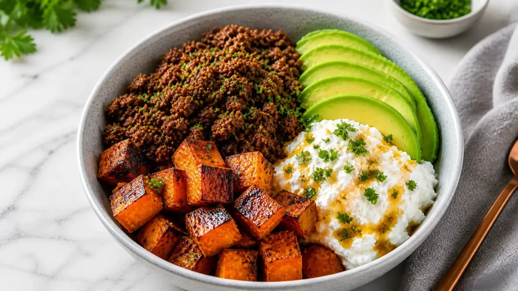 Ground beef hot honey bowl with rice, avocado, roasted sweet potatoes and creamy topping