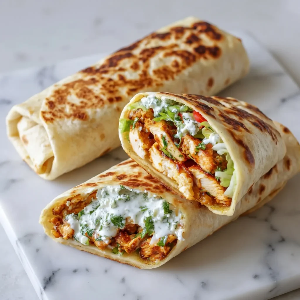 Finished grilled chicken wraps filled with crispy chicken, fresh vegetables, and creamy herb sauce, served warm on a marble surface.