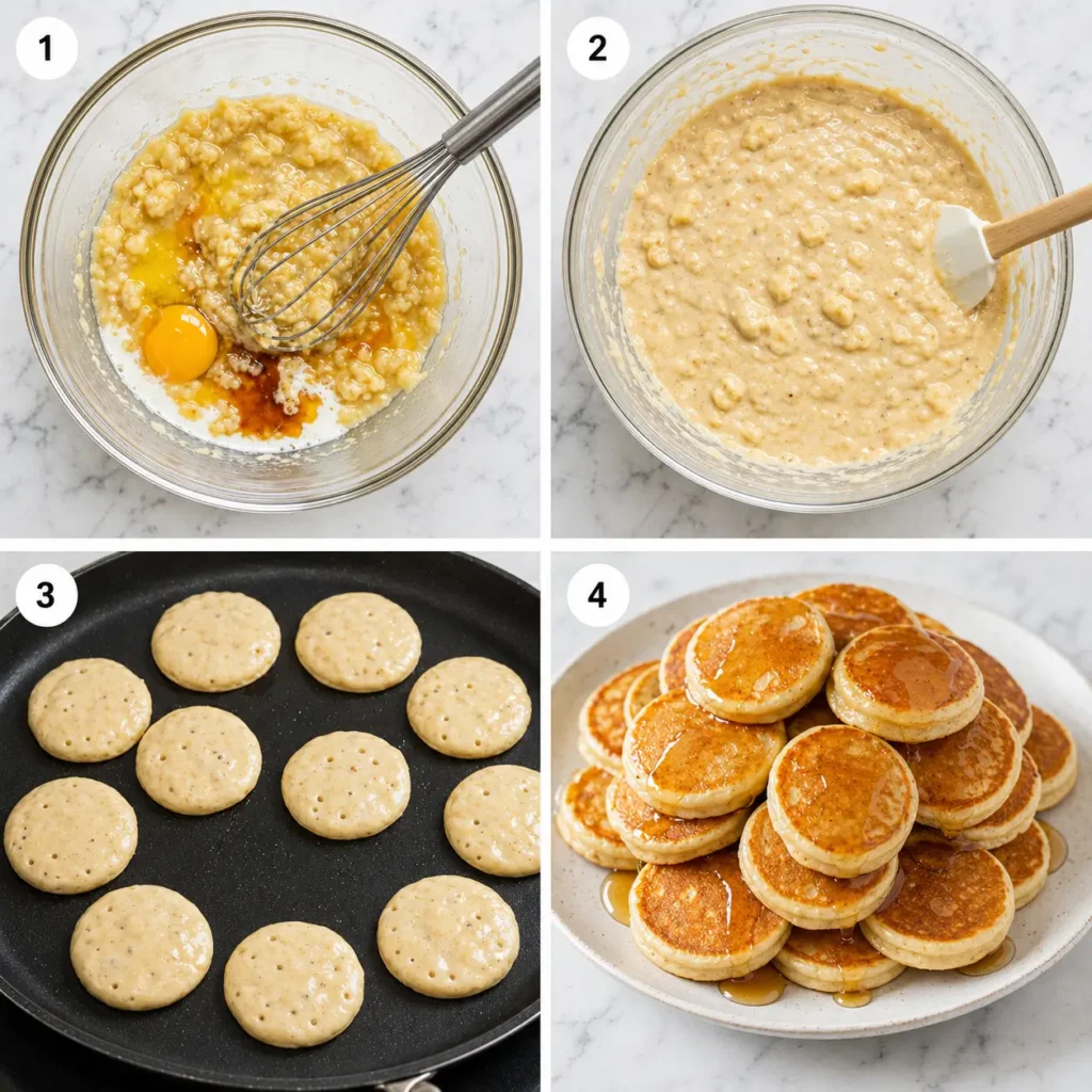 Step-by-step collage showing mini banana pancakes recipe from mashed banana batter to cooking on skillet and finished pancakes with syrup