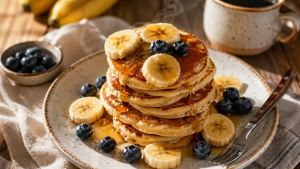 Fluffy mini banana pancakes stacked on a rustic plate with maple syrup, banana slices, blueberries, and coffee in a cozy breakfast setting