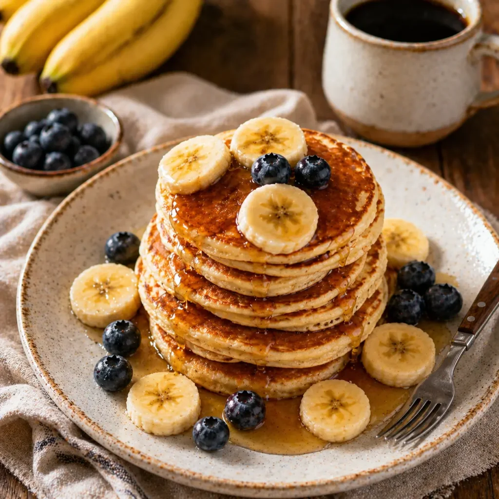 Finished fluffy mini banana pancakes stacked on a plate with maple syrup, banana slices, blueberries, and warm coffee on breakfast table