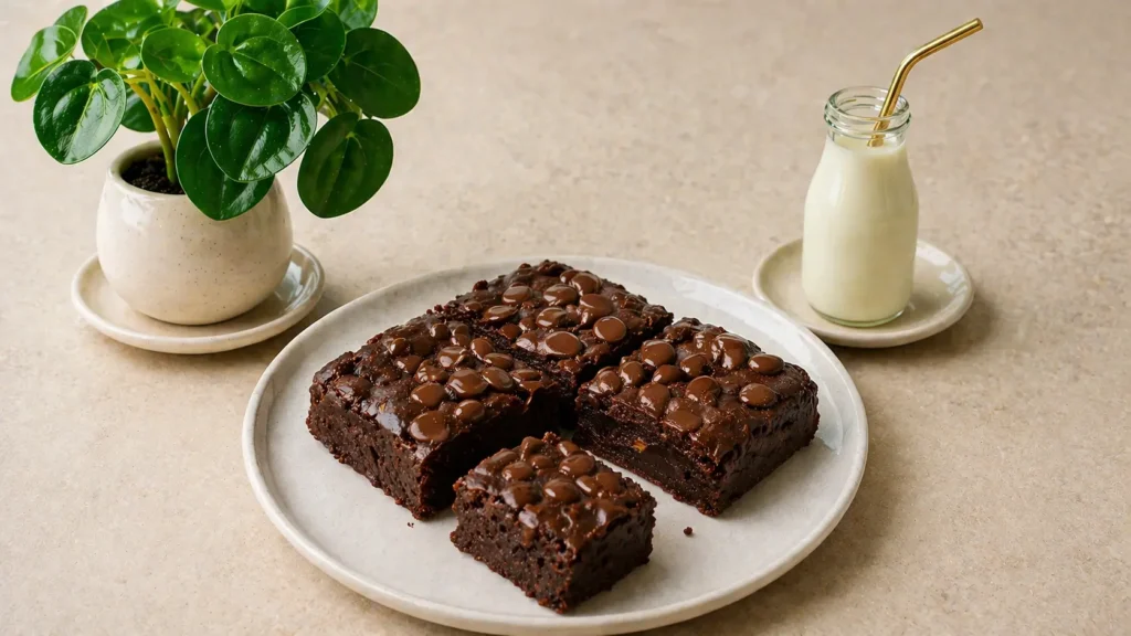 Healthy banana brownies cut into four fudgy pieces with melted chocolate chips on a ceramic plate, served with milk in a bright kitchen setting.
