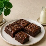 Healthy banana brownies cut into four fudgy pieces with melted chocolate chips on a ceramic plate, served with milk in a bright kitchen setting.