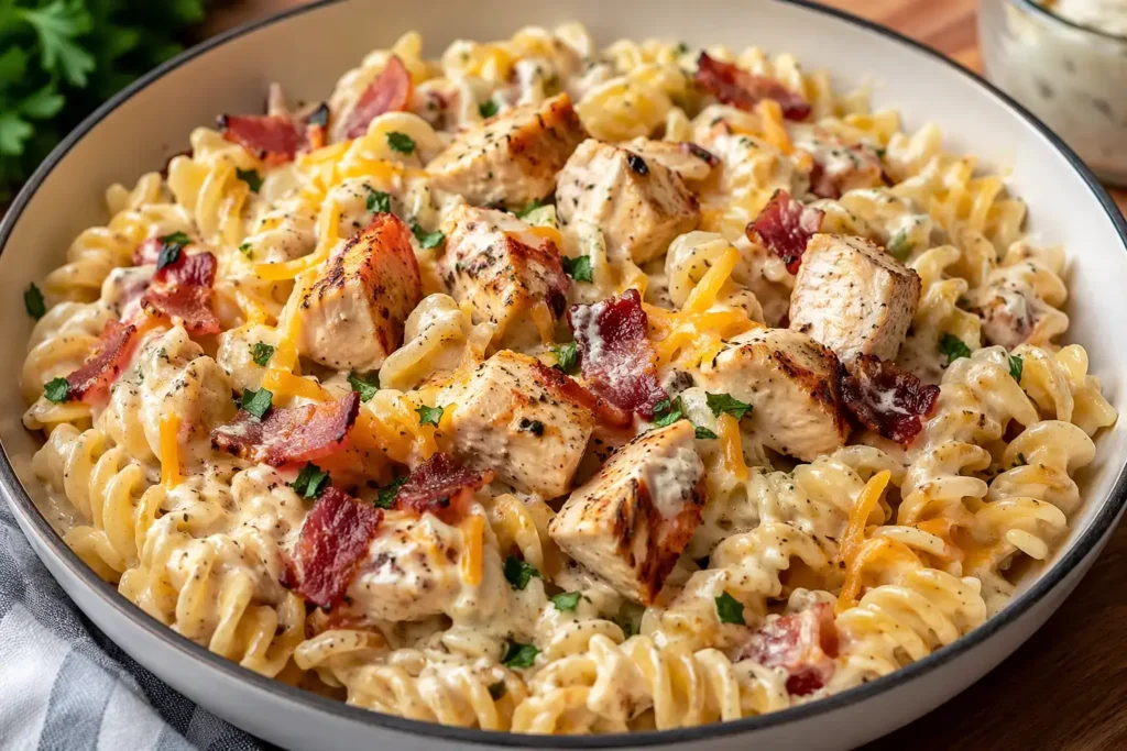 High Protein Lunch Meal Prep Creamy Chicken Bacon Ranch Pasta Idea with juicy chicken, crispy bacon, and creamy pasta in bowl