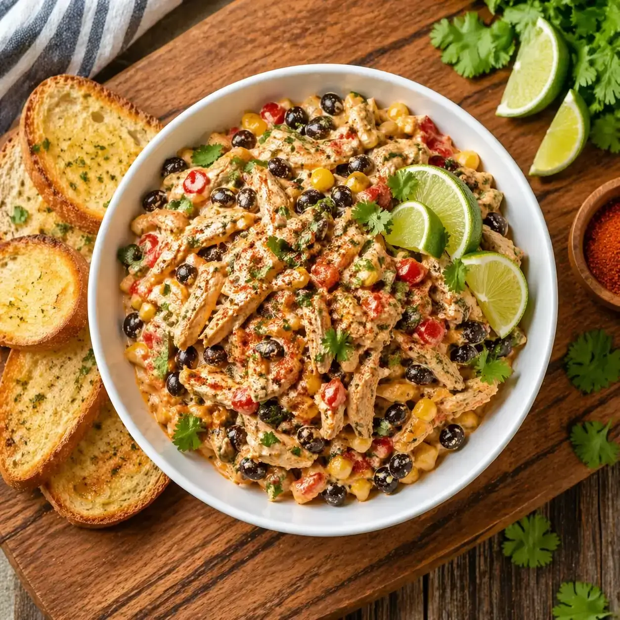 Top-down Southwest chicken salad in a white bowl with shredded chicken, black beans, corn, lime wedges, cilantro, and toasted bread.