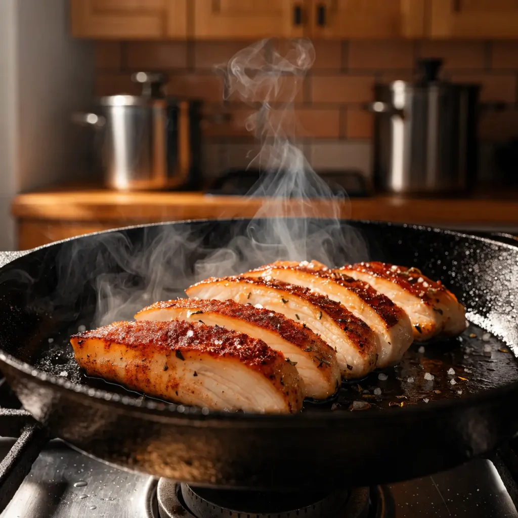 Seasoned chicken breasts searing in a hot skillet with golden grill marks and rising steam during the cooking process.