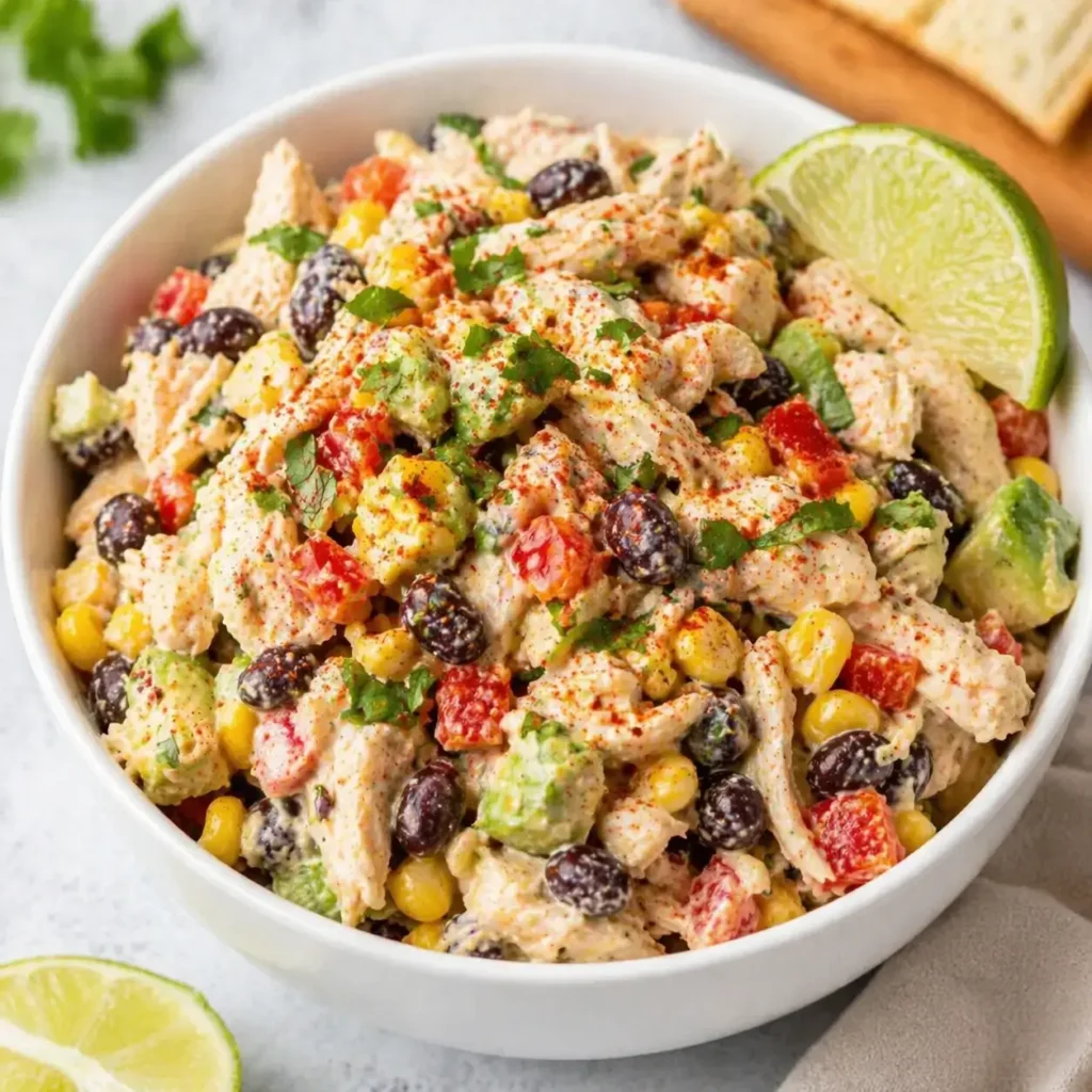 Close-up Southwest chicken salad with shredded chicken, black beans, corn, avocado, red peppers, lime, and creamy dressing in a white bowl.