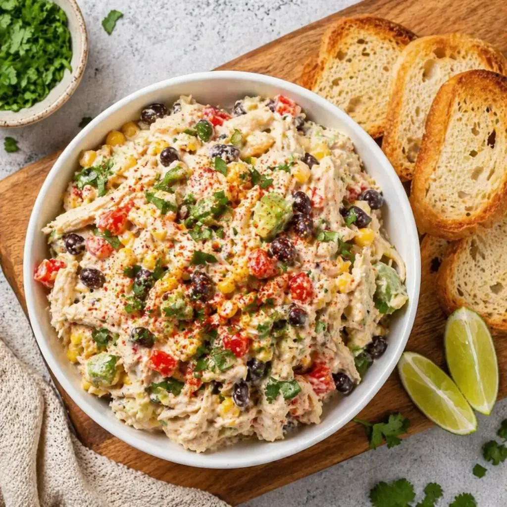 Creamy Southwest chicken salad in a white bowl with black beans, corn, avocado, red peppers, cilantro, lime, and toasted bread.