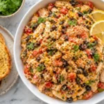 Top-down Southwestern chicken salad with shredded chicken, black beans, corn, red peppers, lemon slices, and toasted bread on a marble countertop.