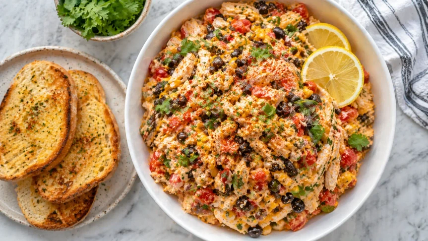 Top-down Southwestern chicken salad with shredded chicken, black beans, corn, red peppers, lemon slices, and toasted bread on a marble countertop.