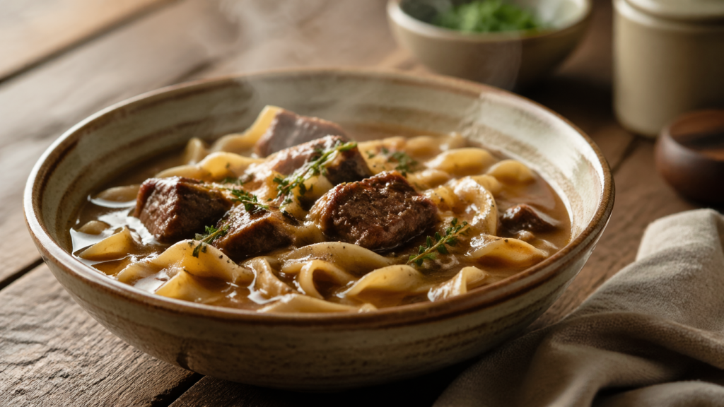 Homemade stovetop beef and noodles in a rustic bowl with tender braised beef, egg noodles, rich broth, thyme garnish, and steam rising on wooden table
