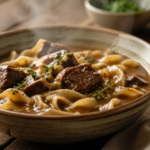 Homemade stovetop beef and noodles in a rustic bowl with tender braised beef, egg noodles, rich broth, thyme garnish, and steam rising on wooden table