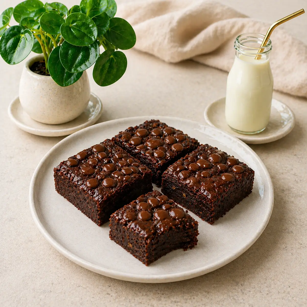 Homemade chocolate banana brownies topped with chocolate chips served on a ceramic plate with milk in a cozy kitchen setting.
