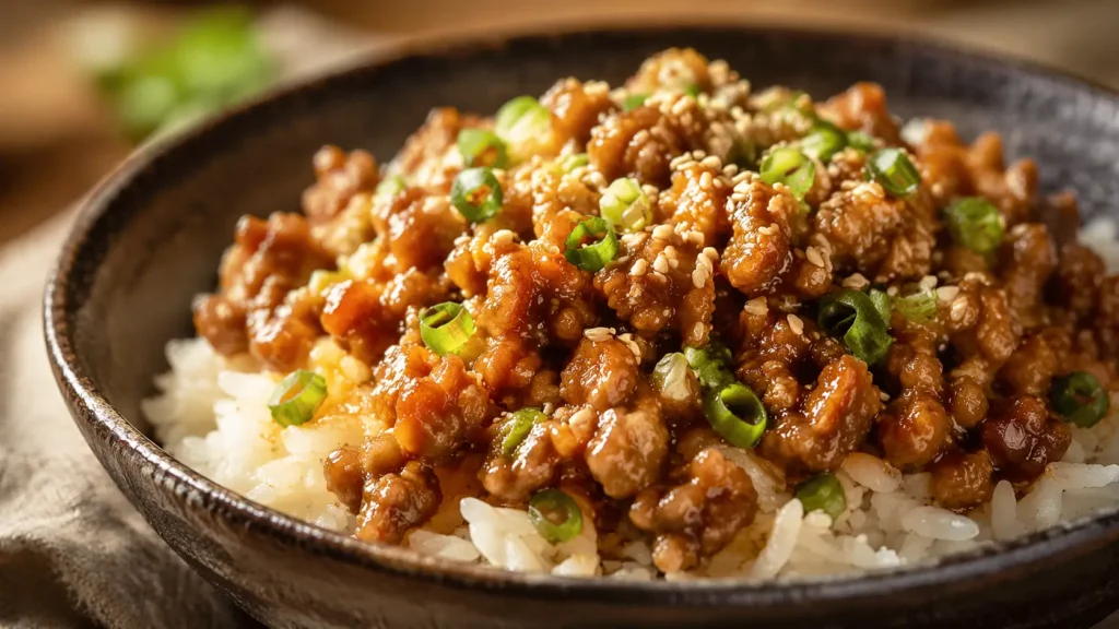 Honey garlic ground turkey over jasmine rice in dark bowl topped with green onions and sesame seeds easy high protein dinner recipe