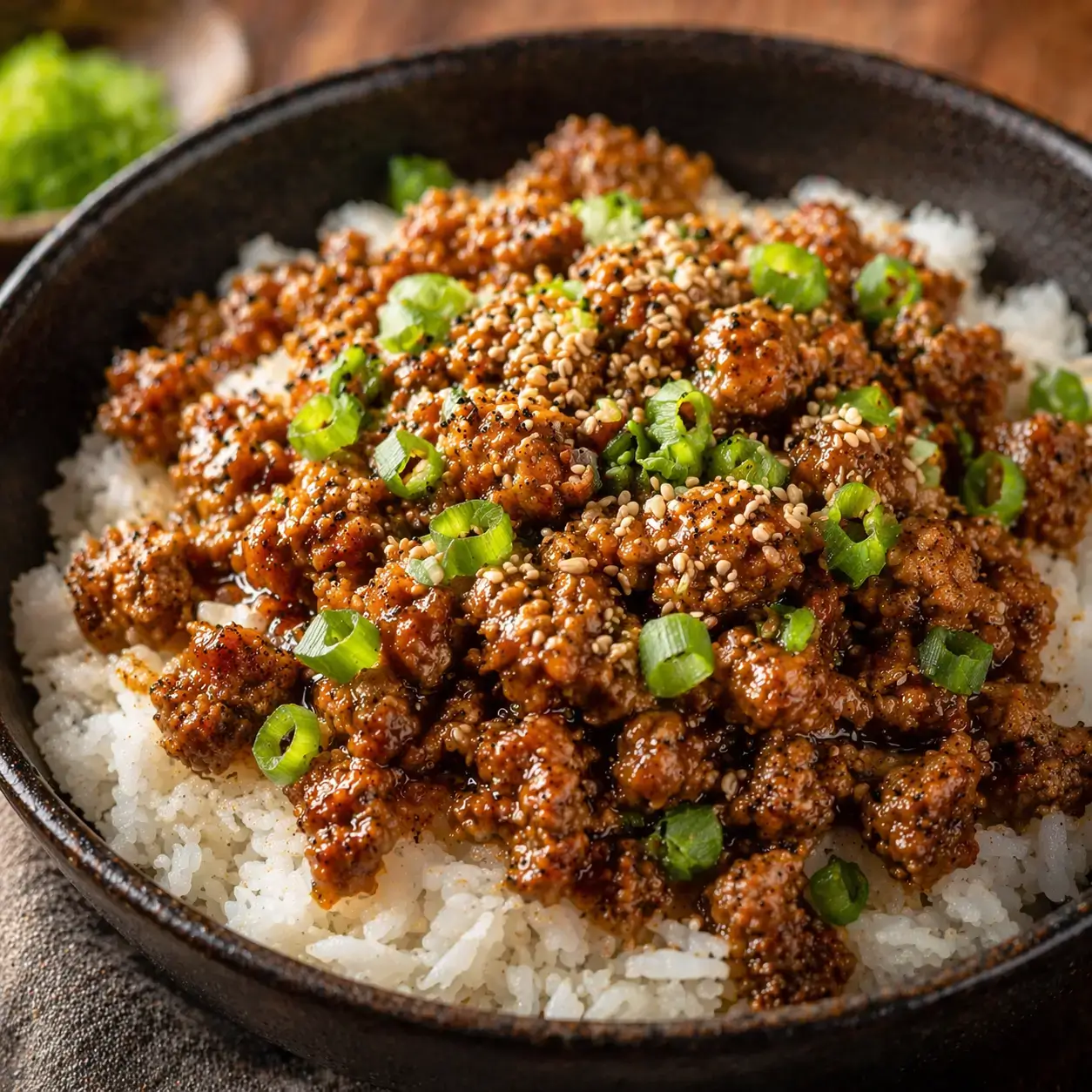 Honey garlic ground turkey bowl with jasmine rice green onions and sesame seeds easy high protein dinner recipe