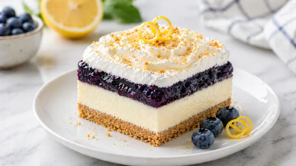 No-bake lemon blueberry dessert bar with graham crust, lemon cheesecake, blueberry topping and whipped cream on plate.
