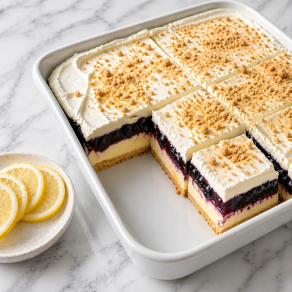 No-bake lemon blueberry dessert in baking dish with layers of crust, lemon cream, blueberry filling and whipped topping.