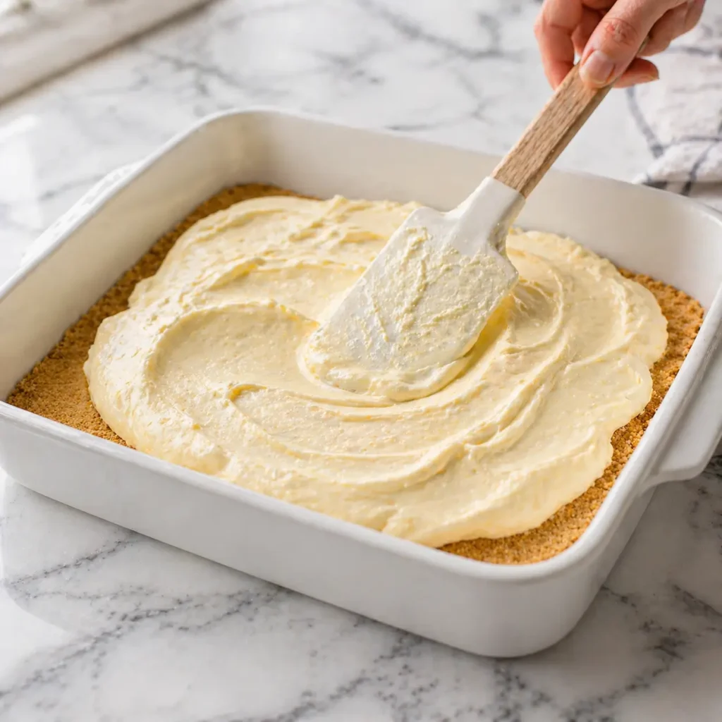 Spreading lemon cream cheese filling over graham cracker crust in baking dish for no-bake blueberry lemon dessert recipe.