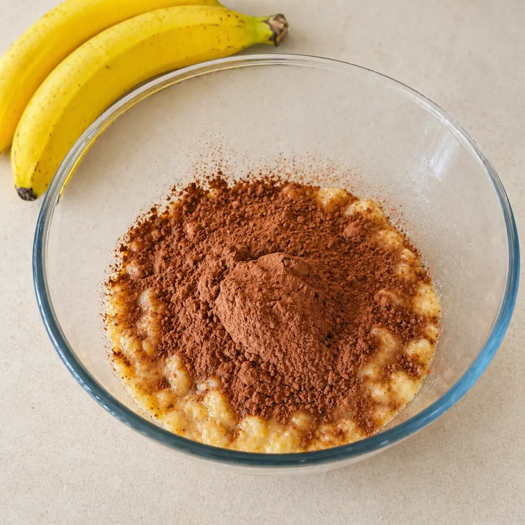 Mashed bananas topped with cocoa powder in a glass bowl with fresh bananas nearby for healthy chocolate banana recipe preparation.