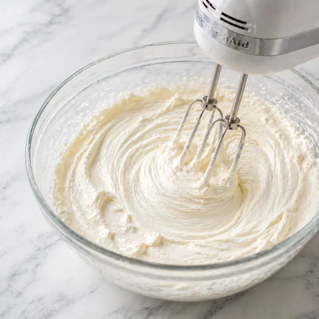 Hand mixer beating lemon cream cheese filling in glass bowl on marble countertop for no-bake blueberry lemon dessert recipe.