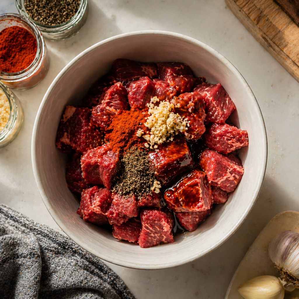 Raw stew meat in a mixing bowl with garlic, smoked paprika, black pepper, and soy sauce, prepared for steak bites marinade.