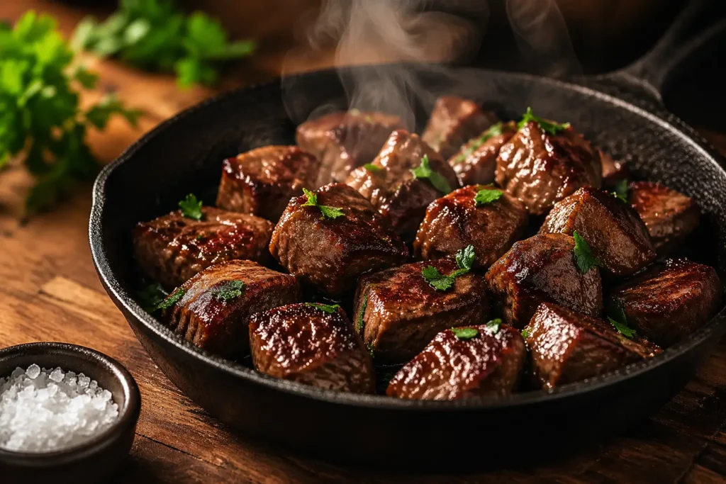Juicy steak bites made with stew meat in a black cast iron skillet, garnished with parsley and served hot with sea salt on a rustic wooden table.