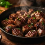 Juicy steak bites made with stew meat in a black cast iron skillet, garnished with parsley and served hot with sea salt on a rustic wooden table.