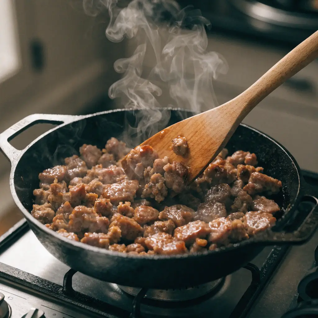 Breakfast sausage browning in cast iron skillet on stovetop with steam rising and wooden spoon stirring the meat