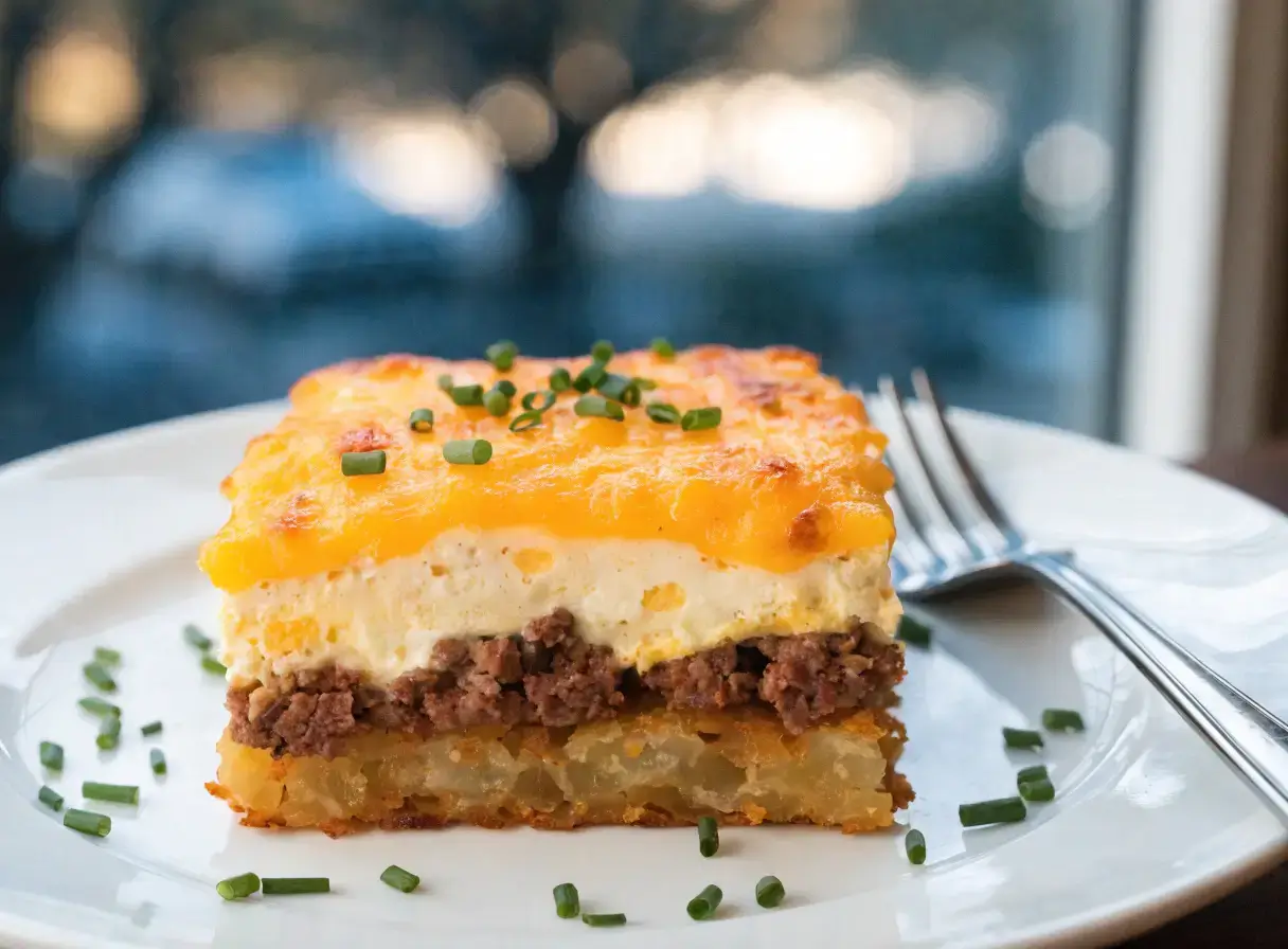 Slice of crack breakfast casserole on white plate with layers of hash browns, sausage, eggs, melted cheddar, and fresh chives
