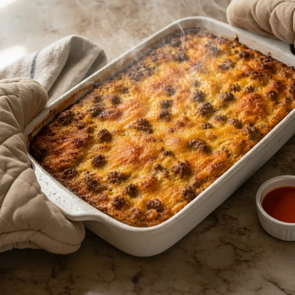 Freshly baked crack breakfast casserole in white ceramic dish with melted cheese, sausage topping, and steam rising from the oven