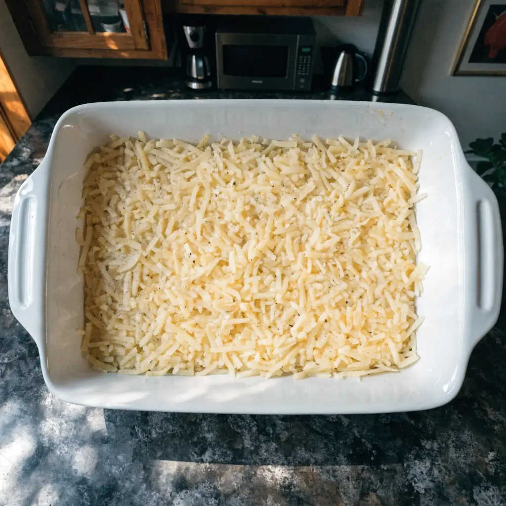 White ceramic baking dish filled with layered breakfast casserole topped with shredded cheese before baking on kitchen countertop