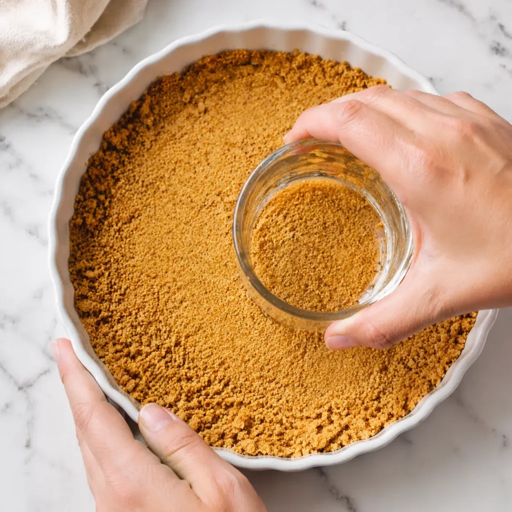 Pressing graham cracker crumbs into a white baking dish to make the crust for Easy No-Bake Spring Strawberry Dessert recipe.