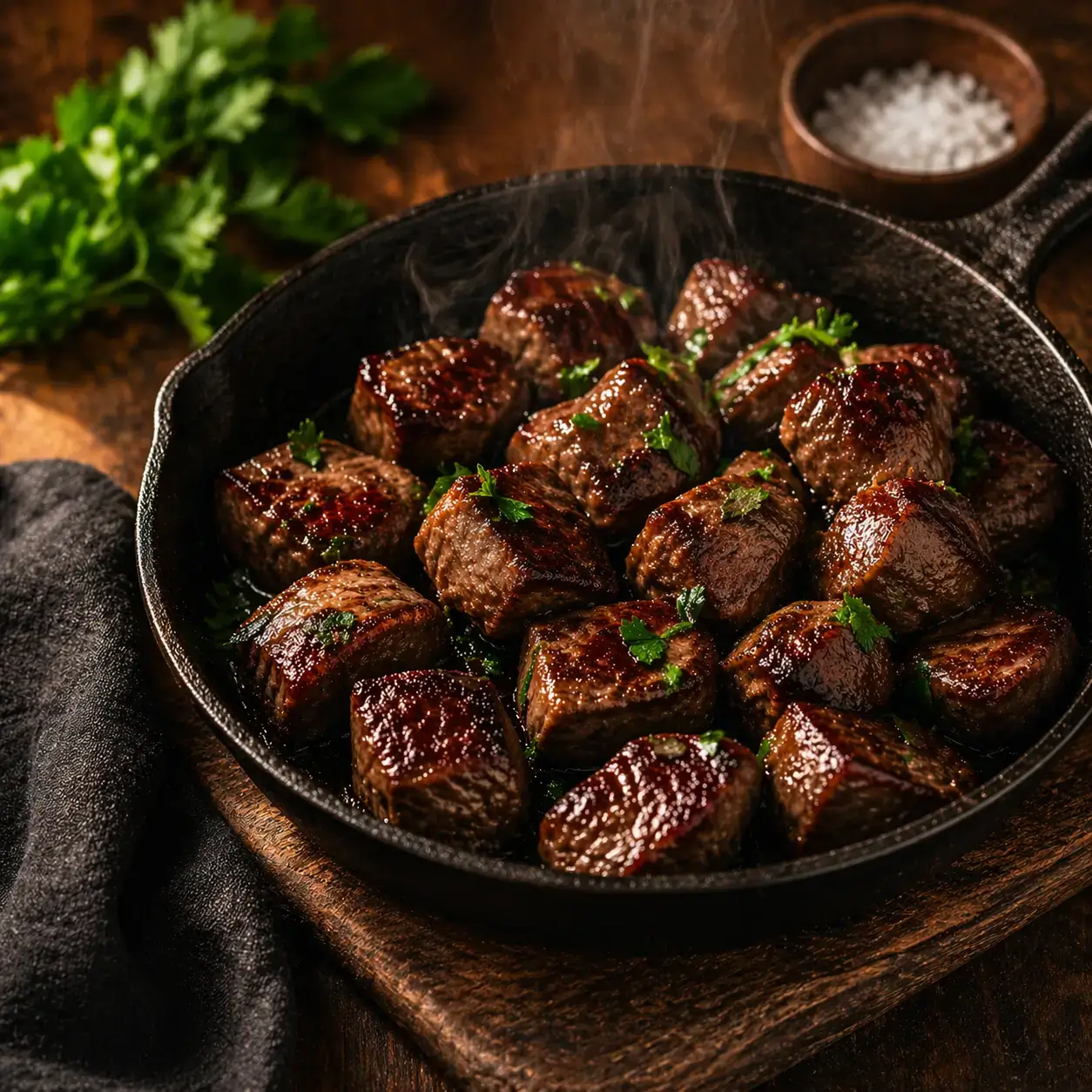 Seared steak bites made with stew meat in a cast iron skillet, garnished with parsley and served hot on a rustic wooden board.