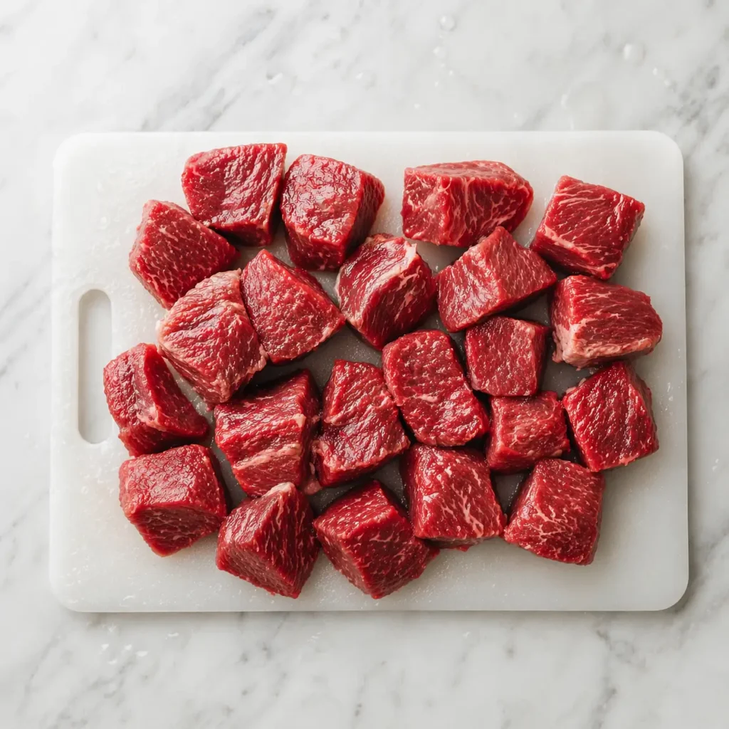 Raw stew meat chunks cut into cubes on a white cutting board, prepared for steak bites recipe on a clean marble kitchen countertop.