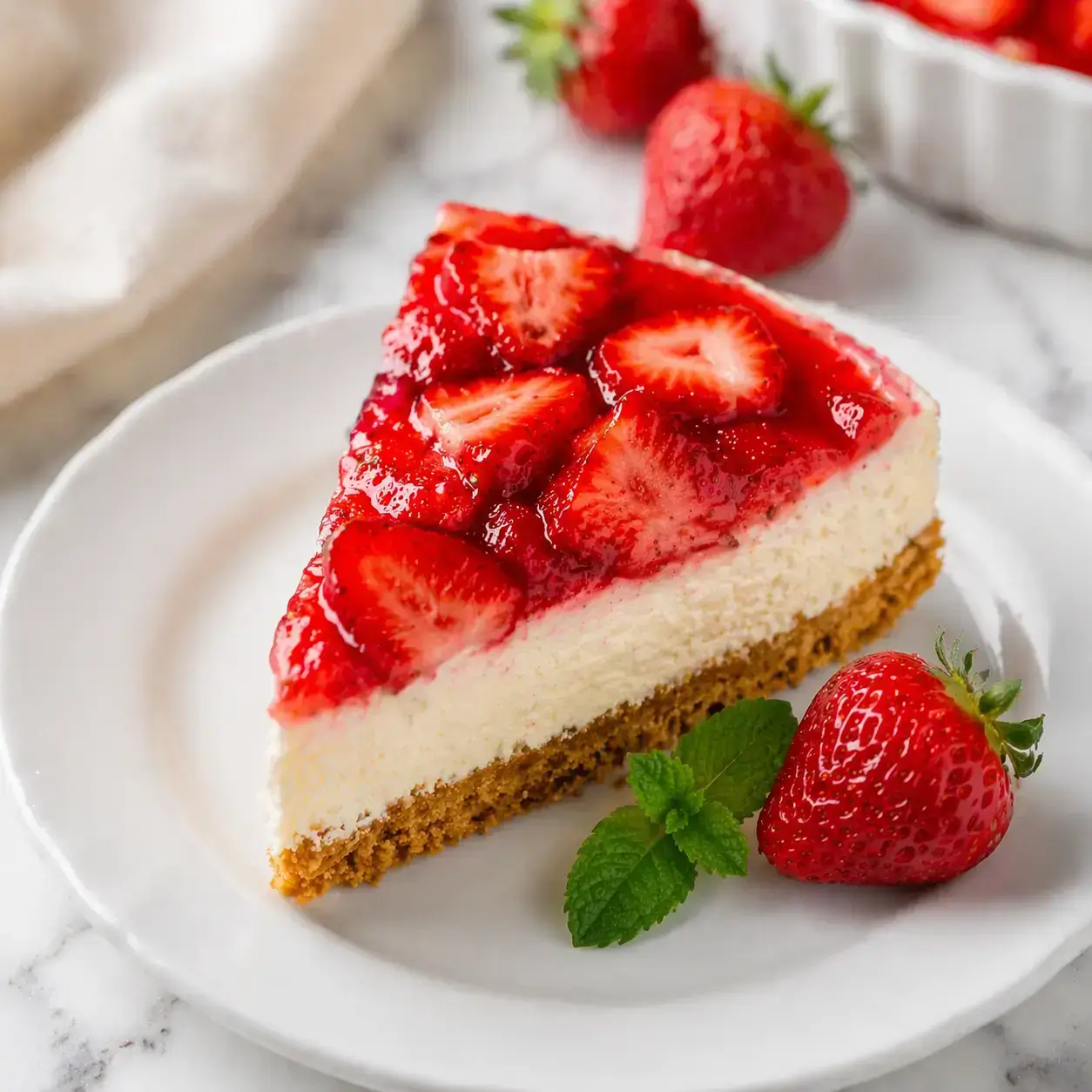 Slice of Easy No-Bake Spring Strawberry Dessert on a white plate with creamy cheesecake layers, graham crust, fresh strawberry, and mint.