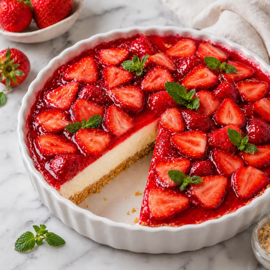 Easy No-Bake Spring Strawberry Dessert in a white dish with creamy cheesecake layers, graham crust, fresh strawberries, and one slice removed.