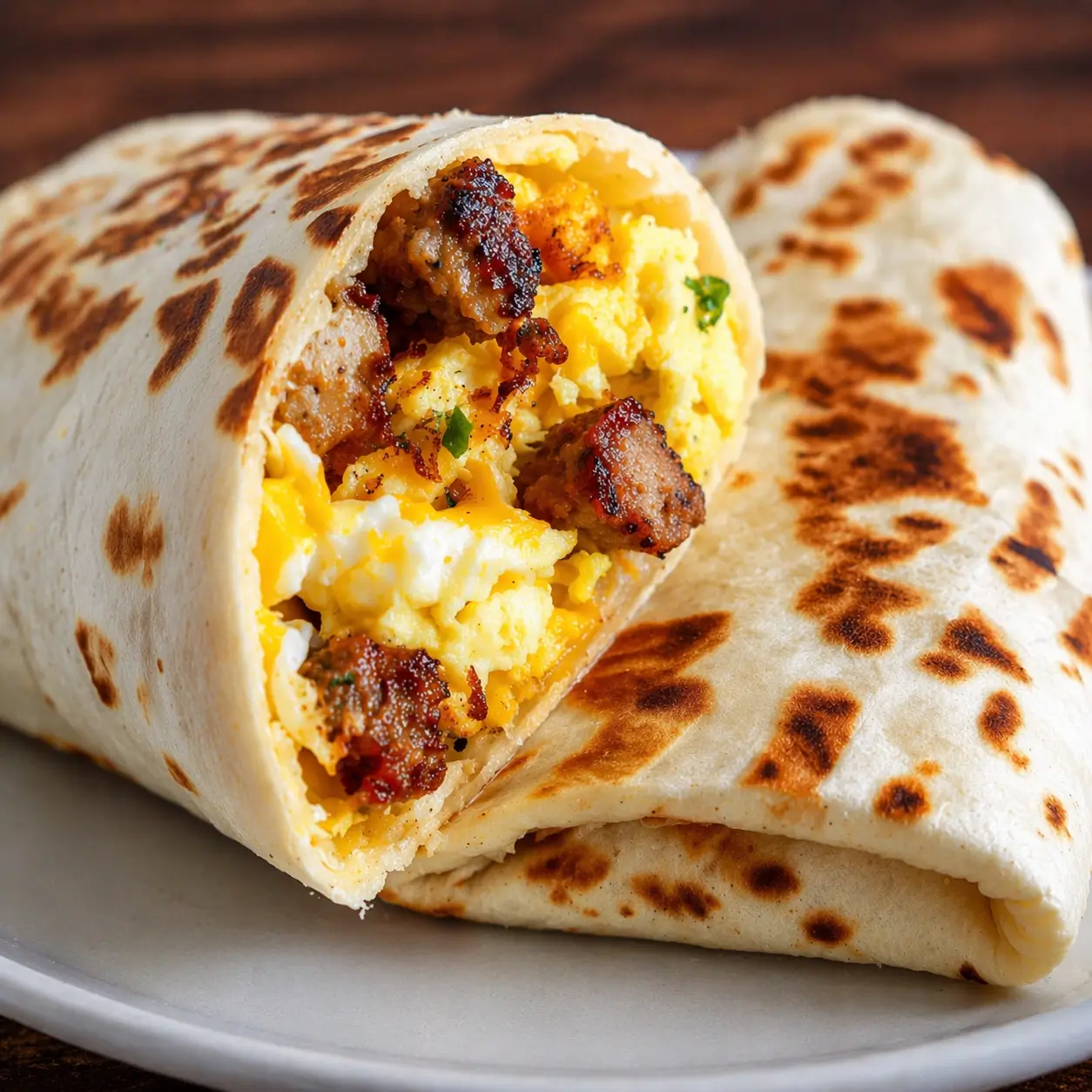Quick and easy breakfast burrito recipe with eggs, cheese, and sausage on a plate