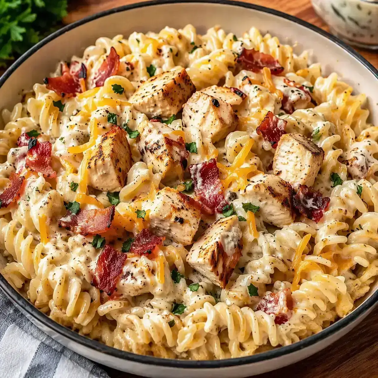 Creamy chicken bacon ranch pasta in a bowl topped with grilled chicken, crispy baeef, and melted cheese.