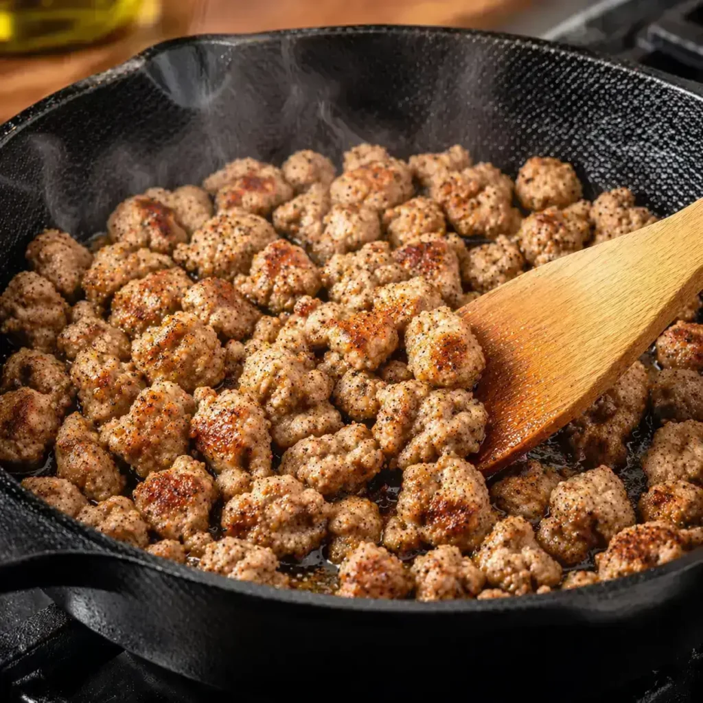Ground turkey browning in hot cast iron skillet with wooden spatula and steam easy high protein meal recipe