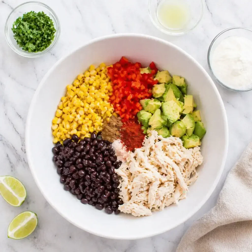 Top-down bowl of Southwest chicken salad ingredients with shredded chicken, black beans, corn, avocado, red pepper, cilantro, and spices.